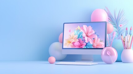 Poster - 3D illustration of a computer screen displaying a collection of microstock images, surrounded by creative tools on a clean white background
