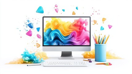 Poster - 3D illustration of a computer screen displaying a collection of microstock images, surrounded by creative tools on a clean white background