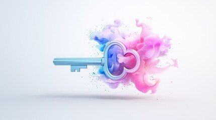 Poster - A 3D key icon with a minimal gradient effect, isolated on a pure white background. This modern design is ideal for digital applications related to locks, keys, and access.