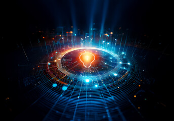 Fototapete - Abstract, futuristic image featuring a glowing light bulb at the center with radiating circles and beams of blue and orange light against a dark backdrop.