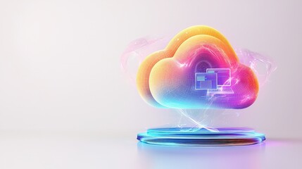 Poster - A 3D render of an AI cloud service icon, symbolizing cloud computing with a supercomputer in a minimal gradient design, exuding a positive, futuristic vibe, set against a white background, captured in
