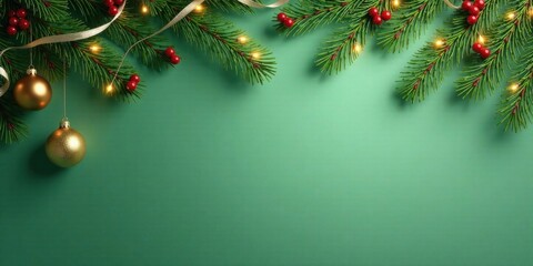Poster - Festive Evergreen Branches with Gilded Ornaments and Twinkling Lights on a Verdant Background