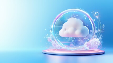 Poster - A clean and modern 3D AI cloud service icon, symbolizing cloud computing and a supercomputer in a minimal gradient design, set against a blue background