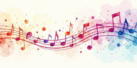 Poster - A Colorful Watercolor Melody of Musical Notes Flowing Across a White Background