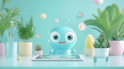Poster - A cute 3D miniature workspace, where an artist character is collaborating with an AI assistant, using a sleek tablet to create stunning AI-generated visuals. The atmosphere is bright and inspiring.