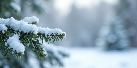 Aufkleber - Winter's Embrace A Delicate Snow-Dusted Evergreen Branch Against a Softly Blurred Background of a Snowy Landscape