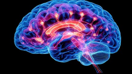 Poster - Intricate brain structure displaying red and blue colors representing neural networks
