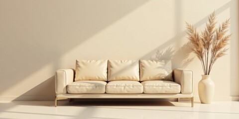 Poster - Cream-colored sofa in a sunlit minimalist interior with pampas grass in a cream vase against a light beige wall
