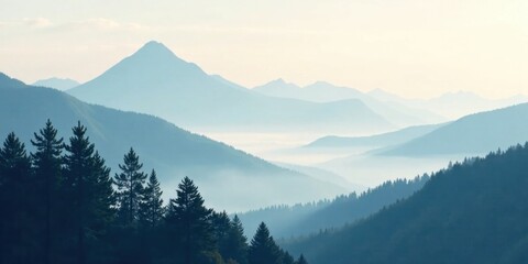 Aufkleber - Serene Misty Mountain Range at Dawn, a Breathtaking Panorama of Rolling Hills and Verdant Forests, Capturing the Tranquility of Nature's Majesty