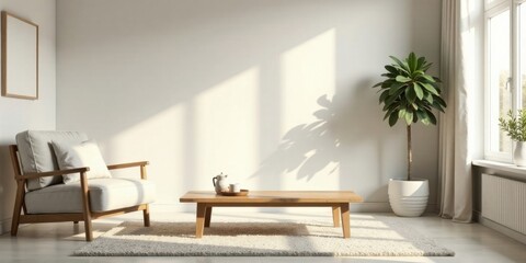 Poster - Sunlit minimalist living room interior design featuring a cozy armchair, low wooden coffee table, and potted plant, creating a serene and peaceful atmosphere