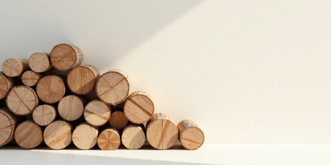 Aufkleber - Neatly Stacked Wooden Rounds Against a Light Wall, Presenting a Rustic and Minimalist Aesthetic
