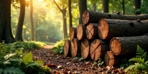 Aufkleber - Sunlight Dappled Forest Path with Stacked Logs, Rustic and Natural Woodland Scene