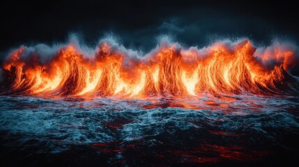 Poster - Fiery orange wave of flames merging with turquoise ocean waves under a bright sky