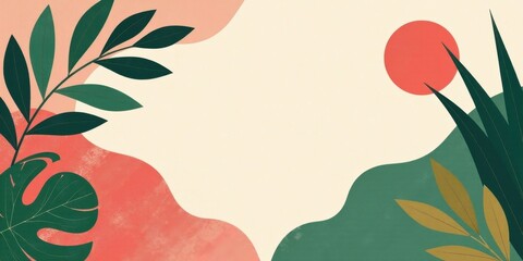 Poster - Abstract Tropical Botanical Composition with a Central Empty Space Ideal for Text or Logo Placement Featuring Simplified Leaf Forms and Organic Shapes in Earthy Tones