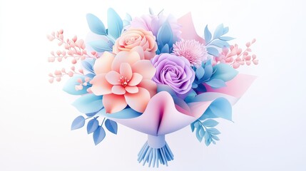 Wall Mural - A modern 3D bouquet icon with a soft gradient effect, featuring a beautifully wrapped floral arrangement, isolated on a pure white background for a fresh and romantic aesthetic.