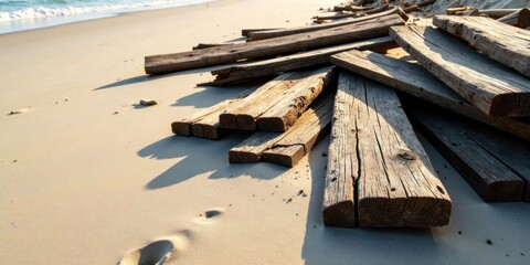Aufkleber - Sunlit Weathered Wooden Planks Resting on a Sandy Shore Near the Ocean's Edge