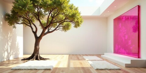 Aufkleber - Serene Minimalist Interior Design Featuring a Bonsai Tree and Vibrant Pink Wall Art