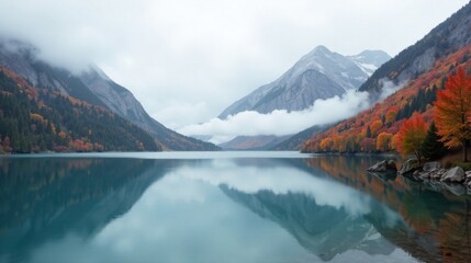 Aufkleber - Serene Autumn Lake Mirroring Misty Mountain Peaks and Colorful Foliage