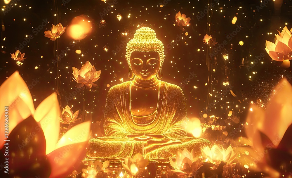 A golden Buddha statue with a glowing light effect, surrounded by a ...