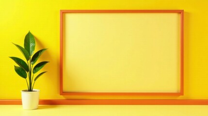 Aufkleber - Vibrant Yellow Room Decor Featuring a Potted Plant and a Large, Empty Picture Frame Ready for Your Design