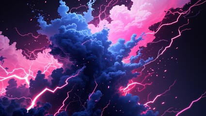 Wall Mural - Abstract impact of deep sapphire and solar pink glowing lightning sparks effects anime on plain black background