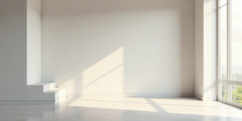 Aufkleber - Empty Room with Sunlight Streaming Through Large Window and Small White Steps