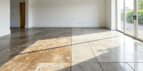 Aufkleber - Sunlit Interior Room with Two-Tone Tile Flooring and Glass Door
