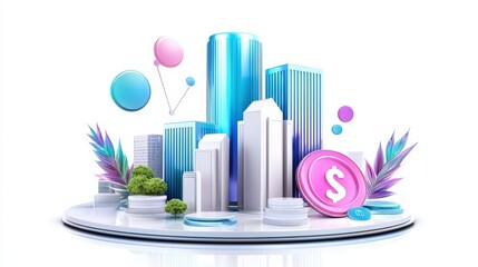Poster - A sleek 3D office line icon with a minimal gradient effect, depicting a modern office building in a professional, abstract style, set on a pure white background.