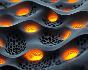 Poster - Close-up of abstract futuristic design with glowing orange light dots surrounded by curvy smooth surfaces, representing modern technology, digital art, and innovation.