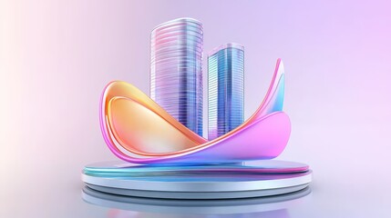 Poster - A sleek 3D office line icon with a minimal gradient effect, depicting a modern office building in a professional, abstract style, set on a pure white background.