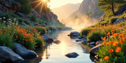 Aufkleber - Serene Sunrise over a Calm River Flowing Through a Misty Mountain Valley, Adorned with Vibrant Wildflowers