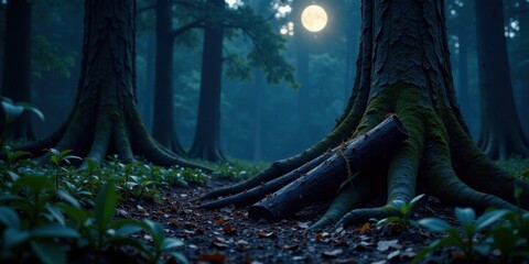 Poster - Serene Moonlight Illuminates Ancient Forest, Casting Ethereal Glow on Mossy Tree Roots and Fallen Log