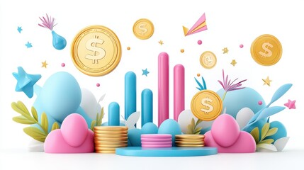 Poster - A stylish 3D business flat icon with minimal gradient effects, depicting a financial chart and corporate symbols in a refined, modern style, set on a white background.