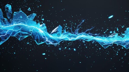 Wall Mural - Abstract impact of frozen ice cyan glowing lightning sparks effects anime on plain black background