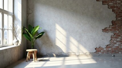 Aufkleber - Sunlit Interior Design Scene Featuring a Minimalist Wooden Stool, Lush Greenery, and a Textured Wall