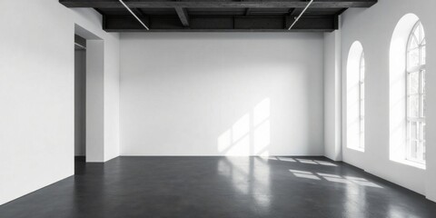 Aufkleber - Sunlit Empty Room with Exposed Beams and Arched Windows, Ideal for Modern Interior Design Projects