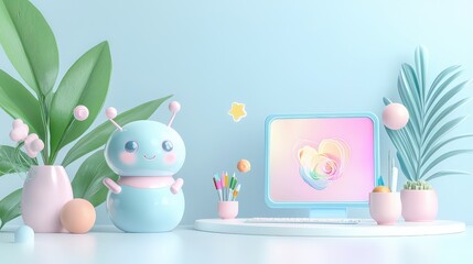 Poster - A tiny 3D diorama of a futuristic AI-powered art studio, where a cute robot character is generating beautiful digital illustrations on a holographic screen. The clean white background