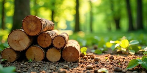 Aufkleber - Sunlight Dappled Forest Floor with Stacked Wood Logs, a Serene Nature Scene