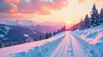 Aufkleber - Serene Winter Wonderland Snow-covered Mountain Road at Sunset with Majestic Peaks and Evergreen Trees