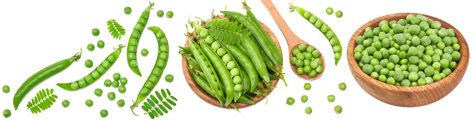 Wall Mural - Fresh green pea pods with green peas in wooden bowl isolated on white background. clipping path