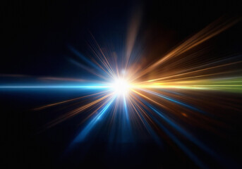 Poster - A burst of bright light with blue, orange, and green streaks radiating from a central point on a dark background.