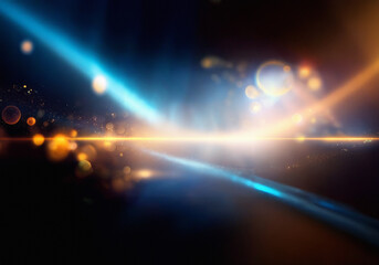 Aufkleber - A dark abstract background with bokeh lights, a thin horizontal line of light, and a gradient of blue to orange.