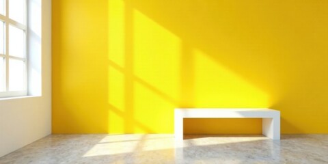 Poster - Bright Yellow Wall with Minimalist White Bench and Sunlit Floor