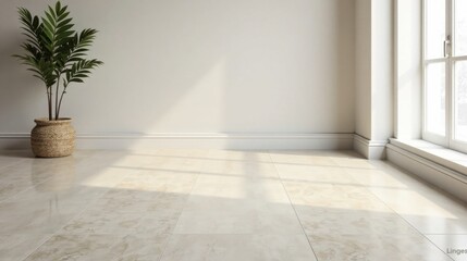 Aufkleber - Sunlight streams into a minimalist room, illuminating a beige tiled floor and a potted plant in a woven basket.