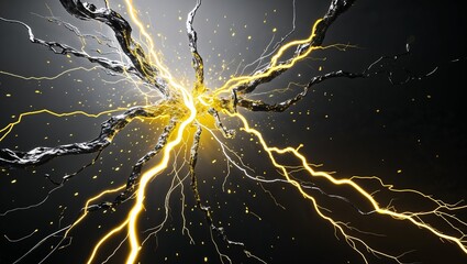 Wall Mural - Abstract impact of metallic silver and topaz yellow glowing lightning sparks effects anime on plain black background