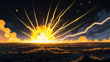 Wall Mural - Abstract impact of meteor yellow glowing lightning sparks effects anime on plain black background