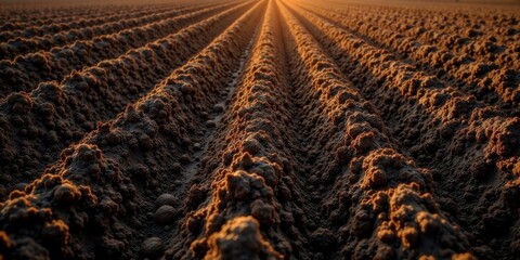 Poster - Golden Hour Illumination on Cultivated Earth Rows, Revealing the Texture and Detail of the Soil After Planting