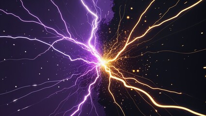 Wall Mural - Abstract impact of midnight purple and shining gold glowing lightning sparks effects anime on plain black background