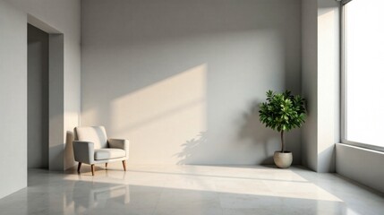 Poster - Minimalist interior design featuring a light-colored armchair and potted plant bathed in sunlight, creating a serene and spacious atmosphere