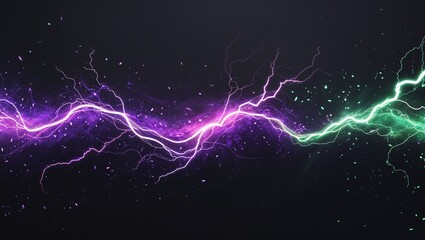 Wall Mural - Abstract impact of mulberry purple and jade green glowing lightning sparks effects anime on plain black background